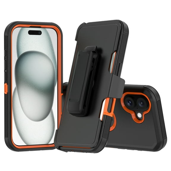 Hotpom Case with Belt Clip for iPhone 16 Plus Heavy Duty Shockproof Dustproof Phone Case, Black/ Orange