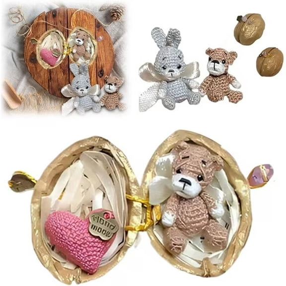 Hotpom Handmade Crochet Animal in Walnut Shell, Handmade Crochet Mini Bunny & Bear in Walnut Shell - Soft Knitted Animal Set with Heart, Mini Decorations