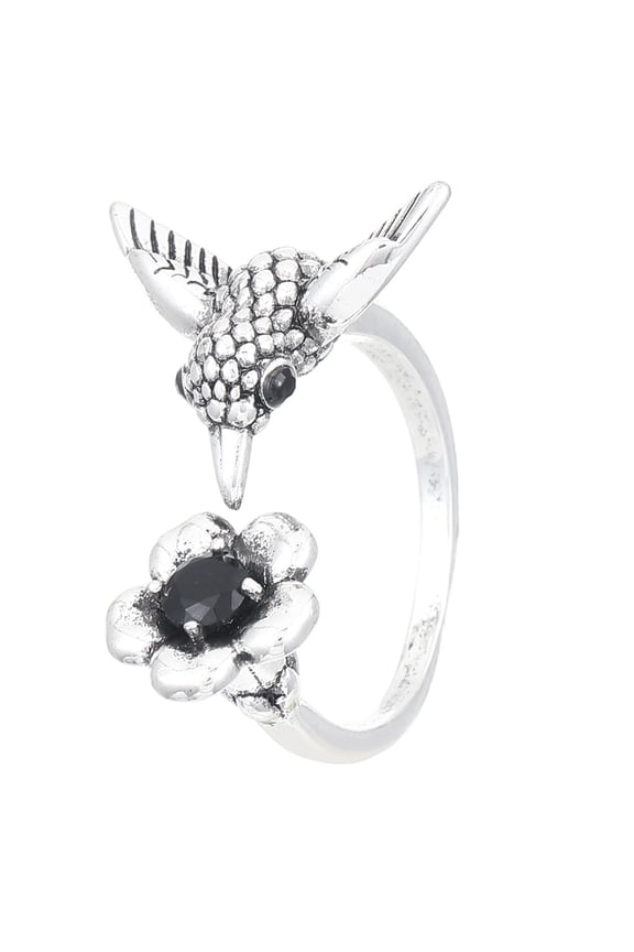 Hummingbird & Floral Pattern Ring, Unisex Adjustable Ring, Vintage Design Handcrafted Jewelry Ancient Silver Distressed Animal Ring