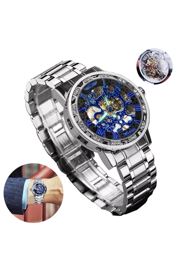 Men's Automatic Mechanical Wrist Watch, Fashion Casual Popu lar Hollow Rhinestone Manual Mechanical Stainless Steel Watch, suitable for all styles is the best choice for Christmas, birthday