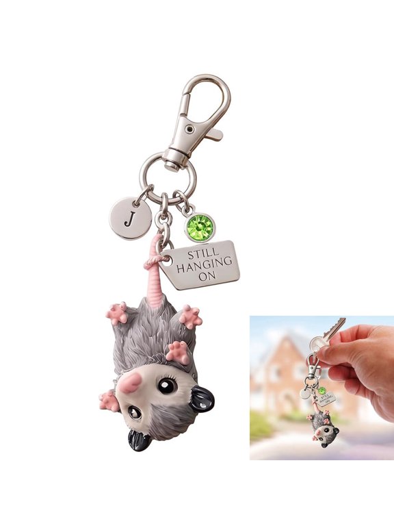 Hotpom Metal Opossum Keychain with Birthstone Charm, Cute Animal Keyring Decoration for Car Backpack Keys, Personalized Gift for Women Men, Aug