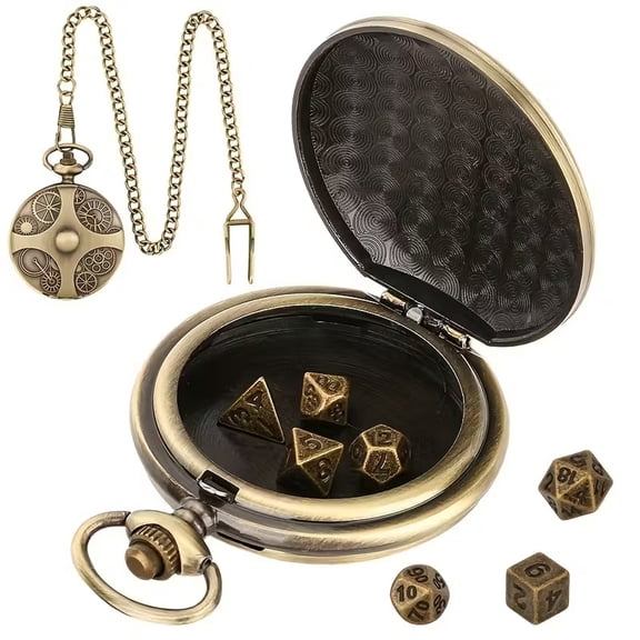 Hotpom Mini Dice Set with Vintage Gear Pattern Pocket Watch Case Table Role-Playing Game Dice Steampunk Decoration Accessory Gaming Accessories