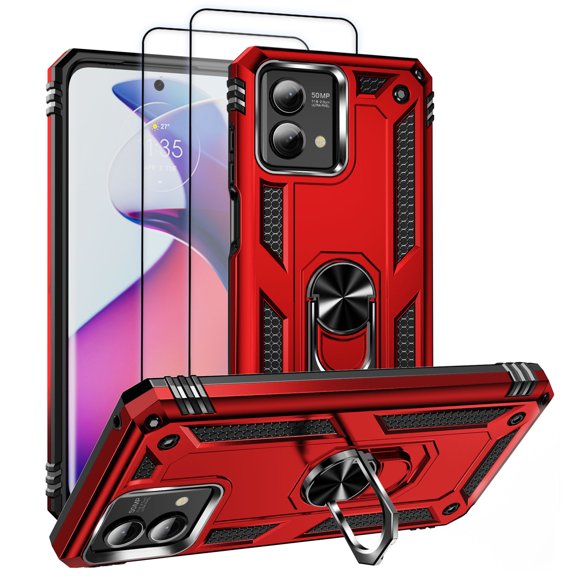 Hotpom for Moto G Stylus 2023 5G with 2 Pack Screen Protector Heavy Duty Shockproof Dustproof Phone Case with 360° Metal Ring Rotating Stand for Men/ Women, Red