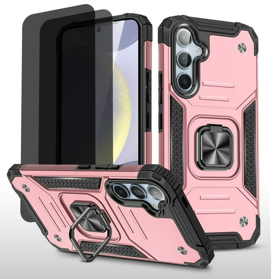 Hotpom Phone Case for Samsung Galaxy S24 FE with 2 Pack Privacy Screen Protector Military Grade Drop Shockproof Full Body Protection with 360° Rotating Stand, Pink