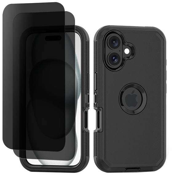 Hotpom Phone Case for iPhone 16 Heavy Duty Shockproof Dustproof Case with Privacy Screen Protector tempered glass, Black/ Black