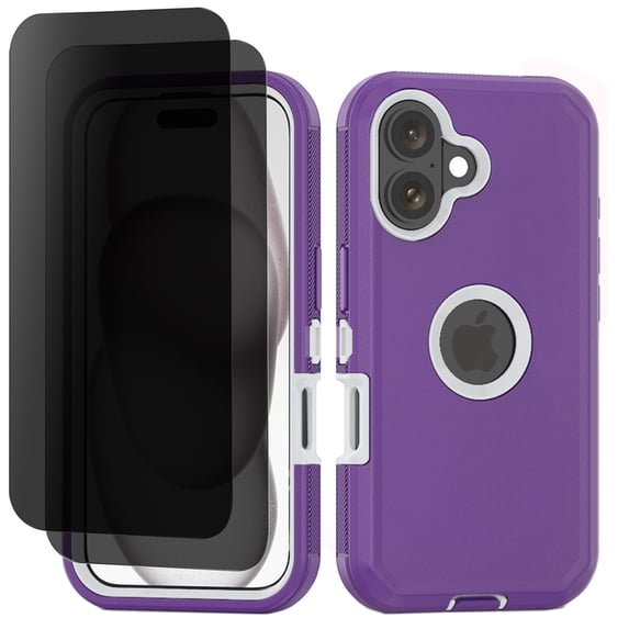 Hotpom Phone Case for iPhone 16 Plus Heavy Duty Shockproof Dustproof Case with Privacy Screen Protector tempered glass, Purple/ White