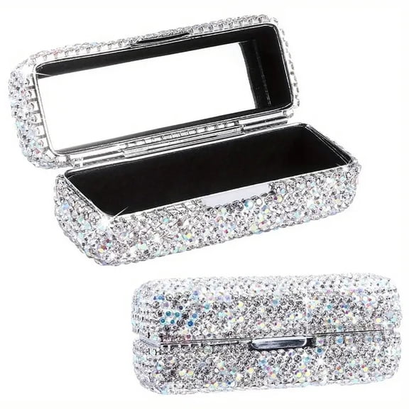 Hotpom Rhinestone Lipstick Case with Mirror, Elegant Metal Cosmetic Organizer Box, Portable Travel-Lipstick Storage Box Sparkling Rhinest-Adorned Design