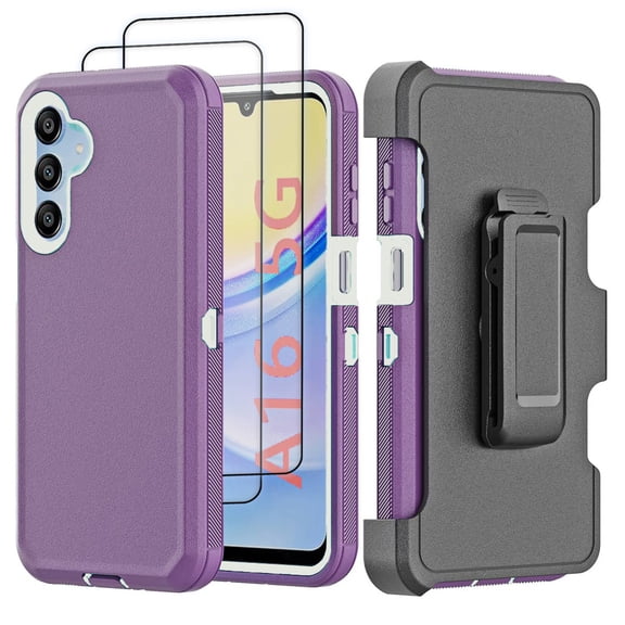 Hotpom for Samsung Galaxy A16 5G Case with Belt Clip and 2 Pack Screen Protector, Military Grade Shockproof Drop Protection for Outdoor Sports, Purple