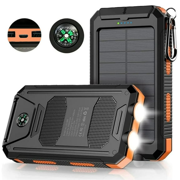 Hotpom Solar Charger Power Bank, 10000mAh Portable Wireless Charger, USB C Port Built-in Led Flashlight and Compass for Outdoor Camping Hiking for iPhone,Samsung. Orange