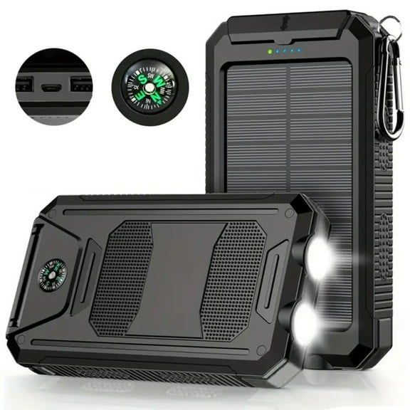 Hotpom Solar Charger Power Bank, 20000mAh Portable Wireless Charger, USB C Port Built-in Led Flashlight and Compass for Outdoor Camping Hiking for iPhone,Samsung. Black