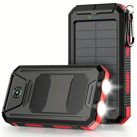 Hotpom Solar Charger Power Bank, 20000mAh Portable Wireless Charger, USB C Port Built-in Led Flashlight and Compass for Outdoor Camping Hiking for iPhone,Samsung. Red