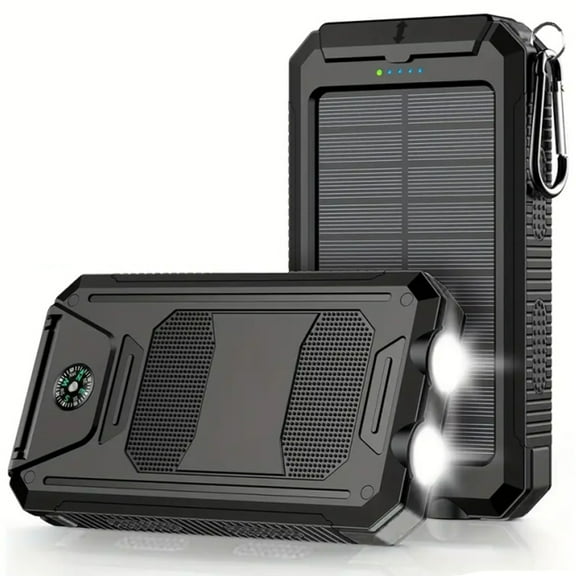 Hotpom Solar Charger Power Bank, 30000mAh Portable Wireless Charger, USB C Port Built-in Led Flashlight and Compass for Outdoor Camping Hiking for iPhone,Samsung. Black