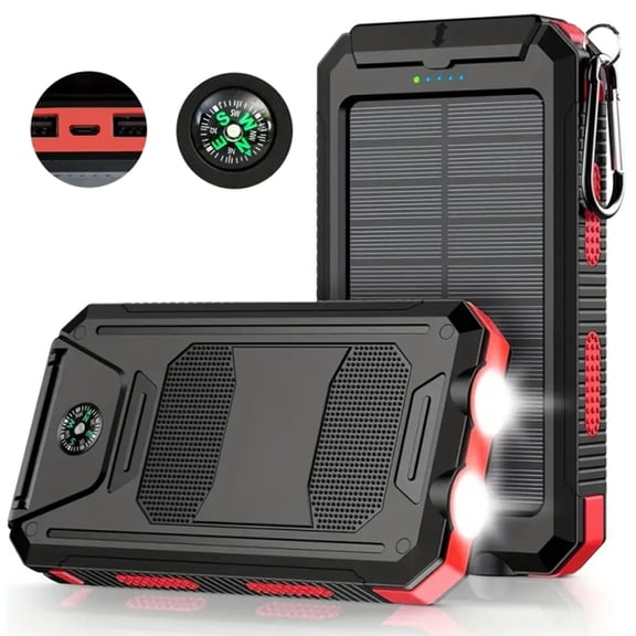 Hotpom Solar Charger Power Bank, 30000mAh Portable Wireless Charger, USB C Port Built-in Led Flashlight and Compass for Outdoor Camping Hiking for iPhone,Samsung. Red