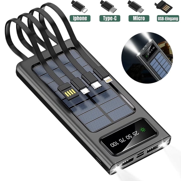 Dexqynl Solar Power Bank, 10000mAh Portable Charger with 4 Cables, LED Digital Display and LED Flashlight, for Outdoor Travel, and daily use Emergency Backup Power, Compatible with iPhone, Samsung.