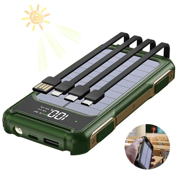 Dexqynl Solar Power Bank with 4 Built-in Cables, 10000mAh Portable Wireless Charger, Laser Light, and LED Display, Outdoor Emergency Power Backup Battery Pack, for iPhone, Samsung. Green