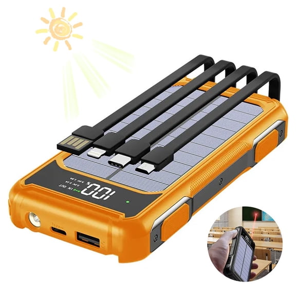 Hotpom Solar Power Bank, 30000mAh Portable Wireless Charger, With 4 Built-in Cables, Laser Light, and LED Display, Outdoor Emergency Power Backup Battery Pack, for iPhone, Samsung. Orange