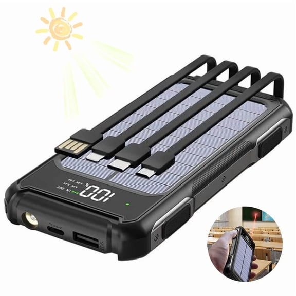 Dexqynl Solar Power Bank with 4 Built-in Cables, 30000mAh Portable Wireless Charger, Laser Light, and LED Display, Outdoor Emergency Power Backup Battery Pack, for iPhone, Samsung,Moto Black