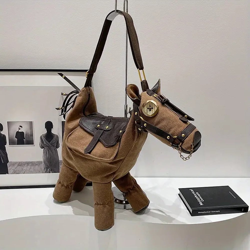 Hotpom Stylish & Unique Horse Shaped Canvas Crossbody Bag, Large Capacity Crossbody Purse, Adjustable Straps and Zipper Closure, Irregular Shape Women's Bag for Commuting, Work, Parties, Brown
