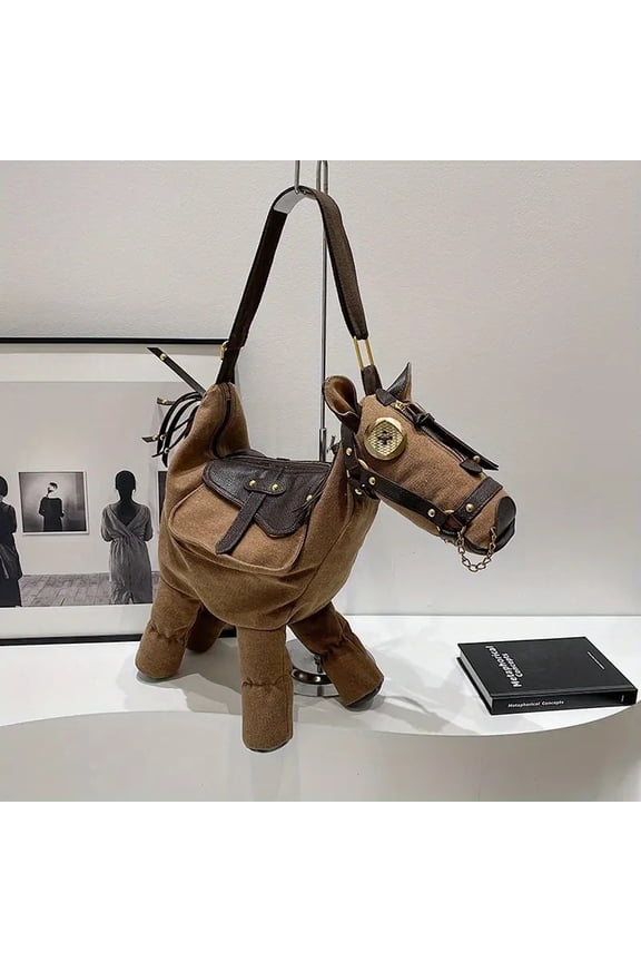 Stylish & Unique Horse Shaped Canvas Crossbody Bag, Large Capacity Crossbody Purse, Adjustable Straps and Zipper Closure, Irregular Shape Women's Bag for Commuting, Work, Parties, Brown