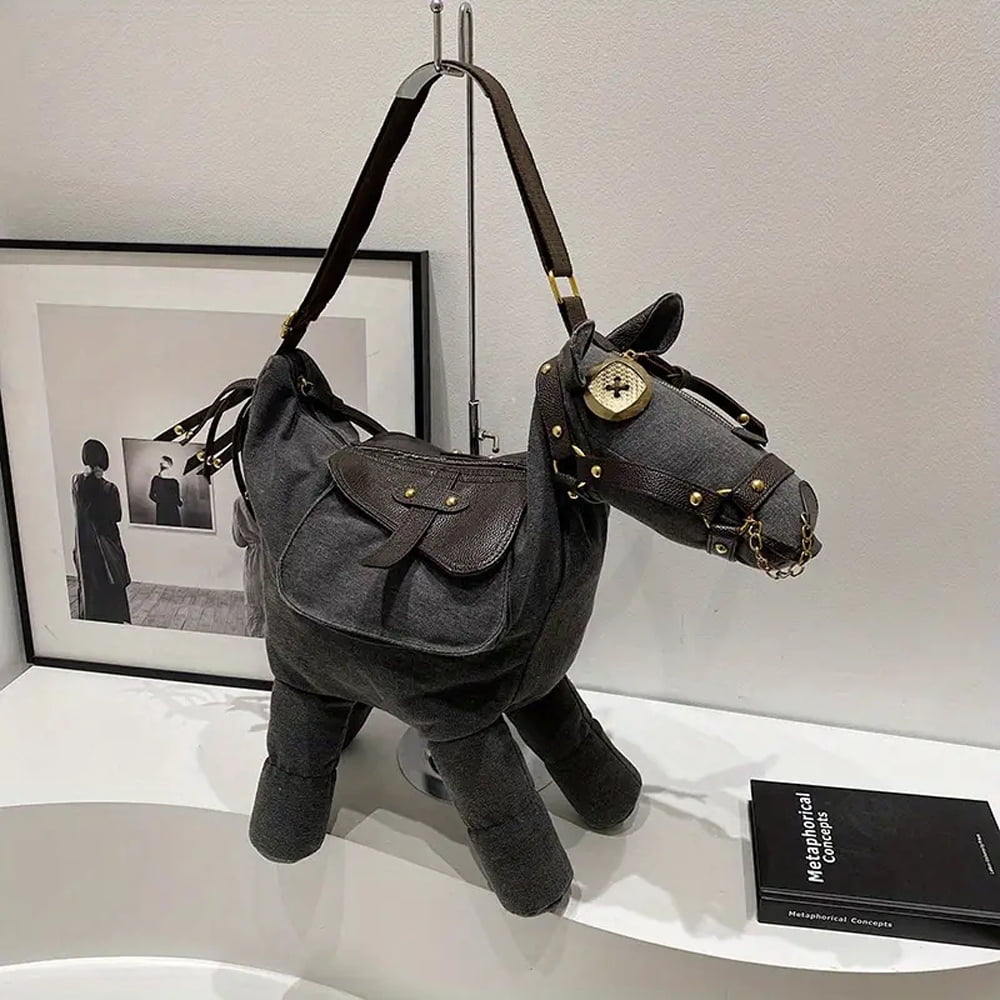 Hotpom Stylish & Unique Horse Shaped Canvas Crossbody Bag, Large Capacity Crossbody Purse, Adjustable Straps and Zipper Closure, Irregular Shape Women's Bag for Commuting, Work, Parties, Gray