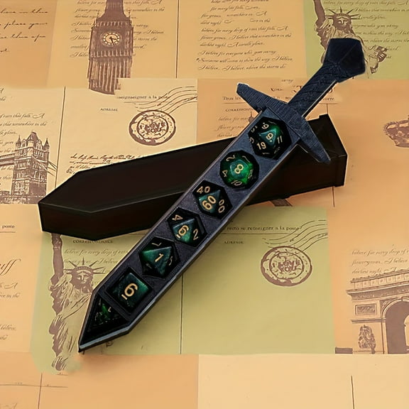 Hotpom Sword Dice Storage Set, 1 Set Desktop Game Dice Storage Box with Dice Ideal for Tabletop Role-Playing Games, Anime-Style Design Polyhedral Dice Set