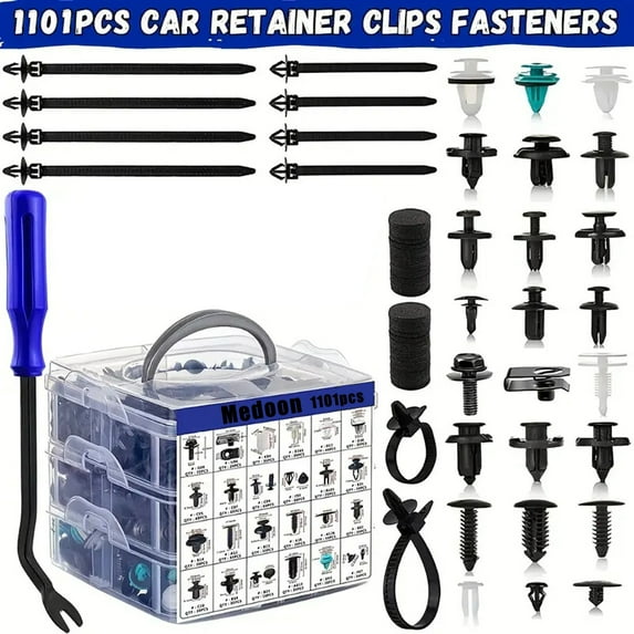 Hotpom Universal Car Retainer Clips & Fasteners Kit, 1101 Pcs Auto Bumper Plastic Repair Kit, with Cable Ties & Sponge Cushions for Vehicle Interior Trim Panel, for Ford Toyota Honda BMW Benz, Etc