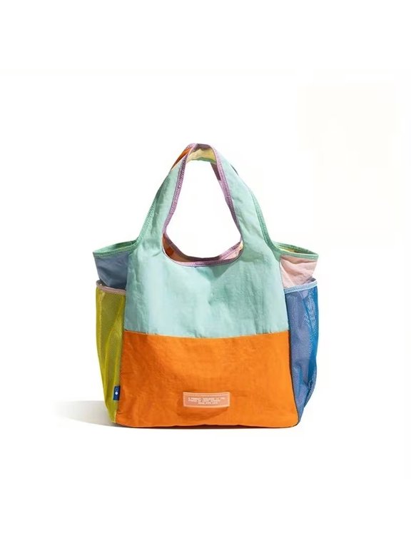 Women's Multicolor Patchwork Handbag, Spacious Casual Multi-Compartment Sporty Tote Lightweight Foldable Satchel Bag Versatile Fashion Accessory
