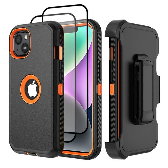 Hotpom for iPhone 13/ iPhone 14 phone Case with 2 Pack Screen Protector Heavy Duty Shockproof Drop Protection with Black Belt Clip, Black/Orange