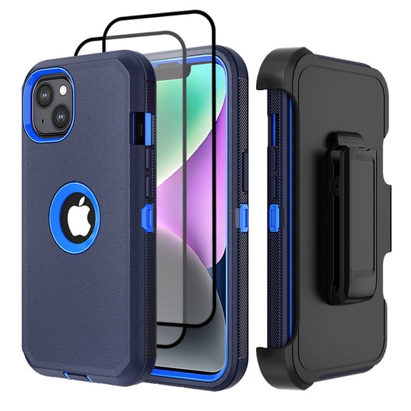 Hotpom for iPhone 13/ iPhone 14 phone Case with 2 Pack Screen Protector Heavy Duty Shockproof Drop Protection with Black Belt Clip, Dark Blue/ Blue