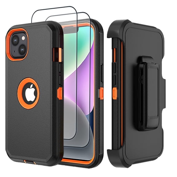 Hotpom for iPhone 13/ iPhone 14 phone Case with 2 Pack Screen Protector Shockproof/ Drop Proof Protection with Black Belt Clip, Black/Orange