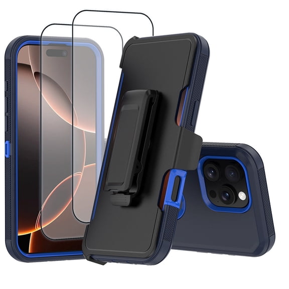 Hotpom for iPhone 14 Pro phone Case with 2 Pack Screen Protector Shockproof/ Drop Proof Protection with Black Belt Clip, Dark Blue/ Blue
