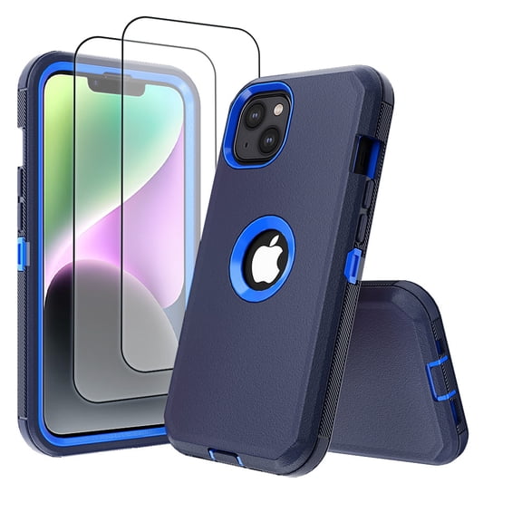 Hotpom for iPhone 15 Case with 2 Pack Screen Protector Slim Shockproof Dust/ Drop Proof Protection Women Men universal Phone Cover, Dark Blue/ Blue