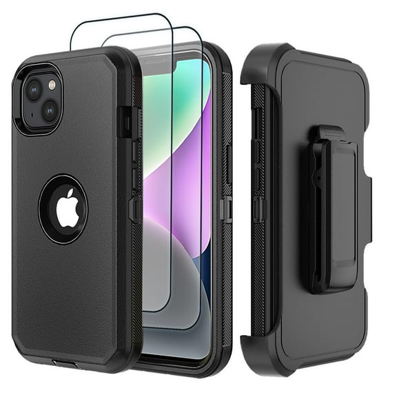 Hotpom for iPhone 15 Plus phone Case with 2 Pack Screen Protector Heavy Duty Shockproof Drop Proof Protection with Black Belt Clip, Black/ Black
