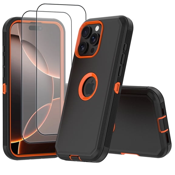 Hotpom for iPhone 15 Pro Case with 2 Pack Screen Protector Slim Shockproof Dust/ Drop Proof Protection Women Men universal Phone Cover, Black/Orange