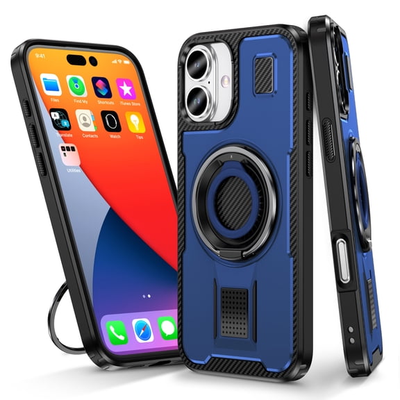 Hotpom for iPhone 16 Case with 360°Rotatable Ring Stand, Heavy Duty Shockproof, Anti-Fingerprint Rugged Women Men universal Protective Cover, Blue