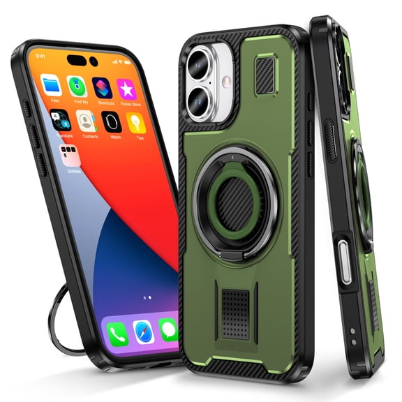 Hotpom for iPhone 16 Case with 360°Rotatable Ring Stand, Heavy Duty Shockproof, Anti-Fingerprint Rugged Women Men universal Protective Cover, Green