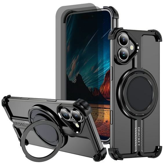 Hotpom for iPhone 16 Frameless Metal Case + 2 Pack Privacy Screen Protector, 360° Rotation Kickstand, Slim Shockproof Thin Bumper cover, Black