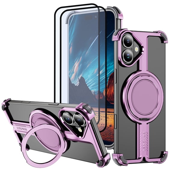 Hotpom for iPhone 16 Frameless Metal Case + 2 Pack Screen Protector, 360° Rotation Kickstand, Slim Shockproof Thin Bumper cover, Pink