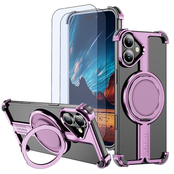 Hotpom for iPhone 16 Frameless Metal Case + 2 Pack Screen Protector, 360° Rotation Kickstand, Slim Shockproof Thin Bumper cover, Pink
