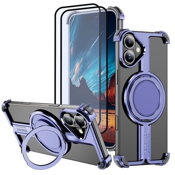 Hotpom for iPhone 16 Frameless Metal Case + 2 Pack Screen Protector, 360° Rotation Kickstand, Slim Shockproof Thin Bumper cover, Purple