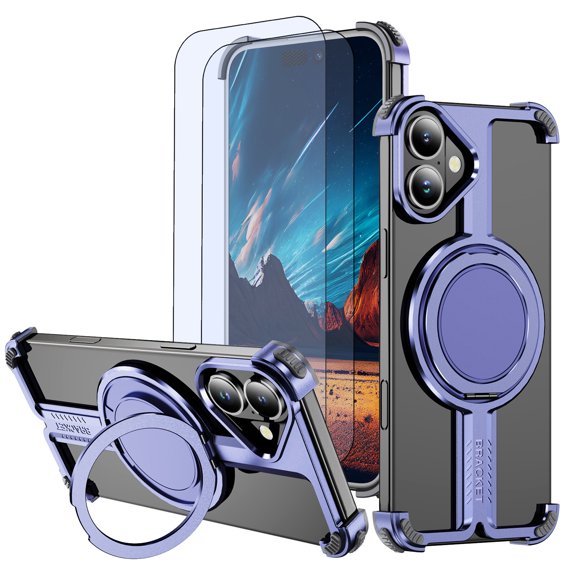 Hotpom for iPhone 16 Frameless Metal Case + 2 Pack Screen Protector, 360° Rotation Kickstand, Slim Shockproof Thin Bumper cover, Purple