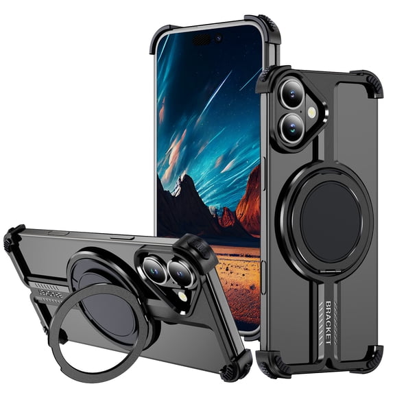 Hotpom for iPhone 16 Frameless Metal Case with 360° Rotating Magnetic Stand, Protective Shock Grade Shell,Black