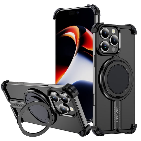Hotpom for iPhone 16E/ iPhone SE4 Frameless Metal Case, with Invisible Magnetic O-Ring Stand, Slim Shockproof Minimalist Thin Bumper cover, Black