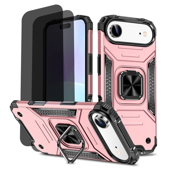 Hotpom for iPhone Air Case with 2 Pack Privacy Screen Protector, Dual Layer Rugged Durable Shockproof Protection with 360° Rotating Stand, Pink