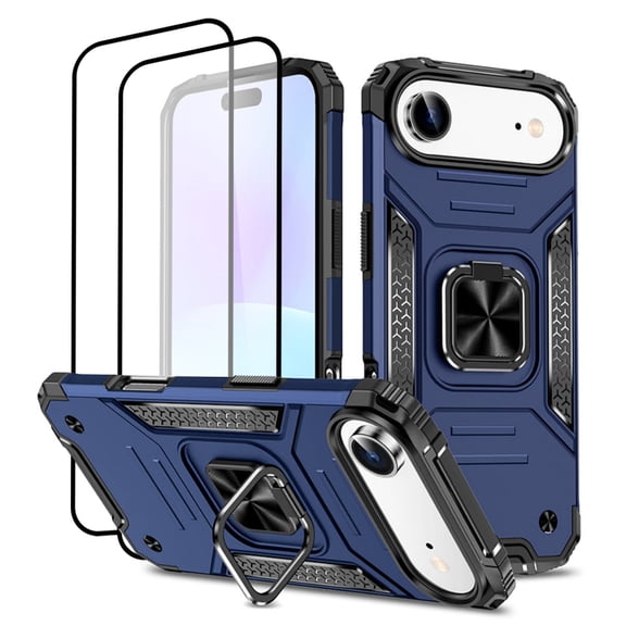 Hotpom for iPhone Air Case with 2 Pack Screen Protector, Dual Layer Rugged Durable Shockproof Full Body Protection with 360° Rotating Stand, Blue