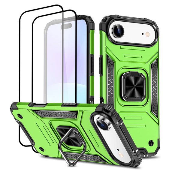 Hotpom for iPhone Air Case with 2 Pack Screen Protector, Dual Layer Rugged Durable Shockproof Full Body Protection with 360° Rotating Stand, Green