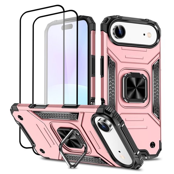 Hotpom for iPhone Air Case with 2 Pack Screen Protector, Dual Layer Rugged Durable Shockproof Full Body Protection with 360° Rotating Stand, Pink