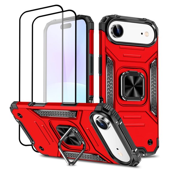 Hotpom for iPhone Air Case with 2 Pack Screen Protector, Dual Layer Rugged Durable Shockproof Full Body Protection with 360° Rotating Stand, Red
