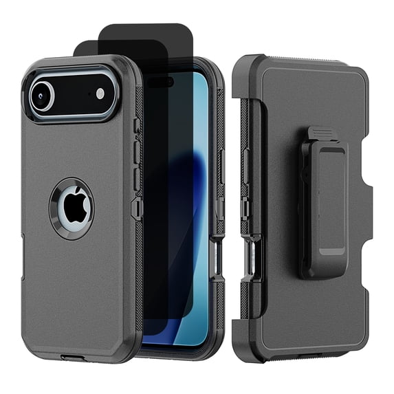 Hotpom for iPhone 17 Case with Belt Clip + 2 Pack Privacy Screen Protector Complete Body Tough Shockproof And Dustproof Protective Cover, Black