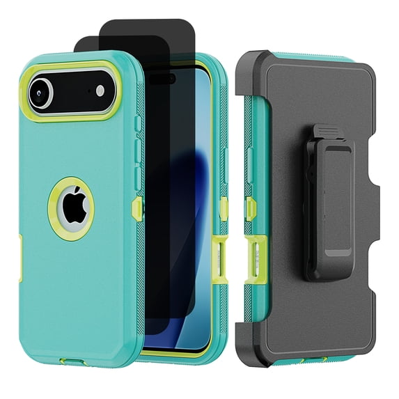Hotpom for iPhone 17 Case with Belt Clip + 2 Pack Privacy Screen Protector Complete Body Tough Shockproof And Dustproof Protective Cover, Green
